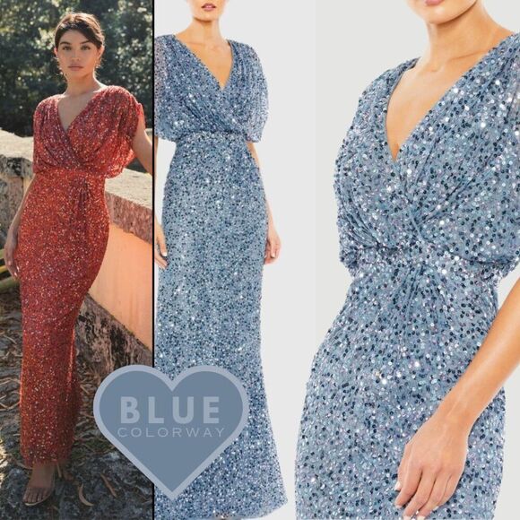 Mac Duggal 5640 Womens Size 12 Blue Sequin Draped Sleeve V-Neck Gown Maxi Dress - Picture 1 of 9